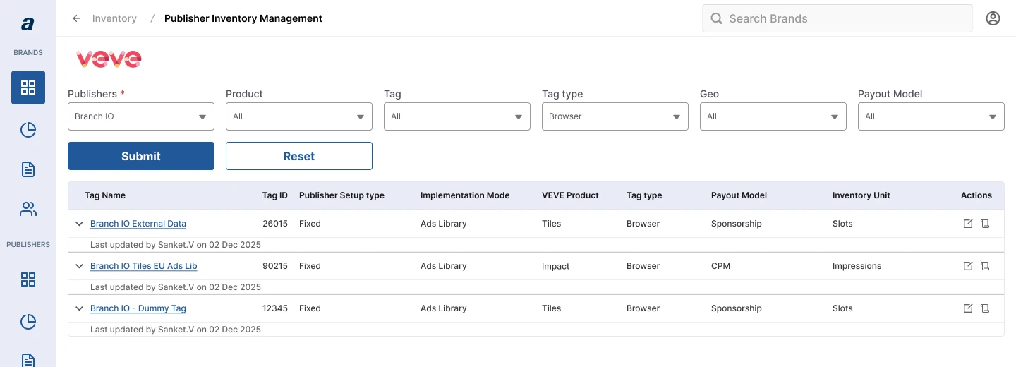 Publisher inventory listing for VEVE with filters and expandable tag rows.